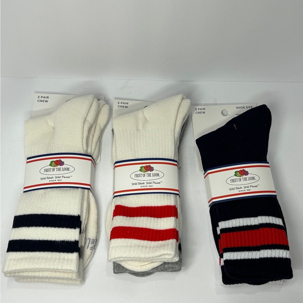 Fruit of the Loom Varsity Stripe Crew Socks 6 Pair Pack White Navy Red Grey 6-12